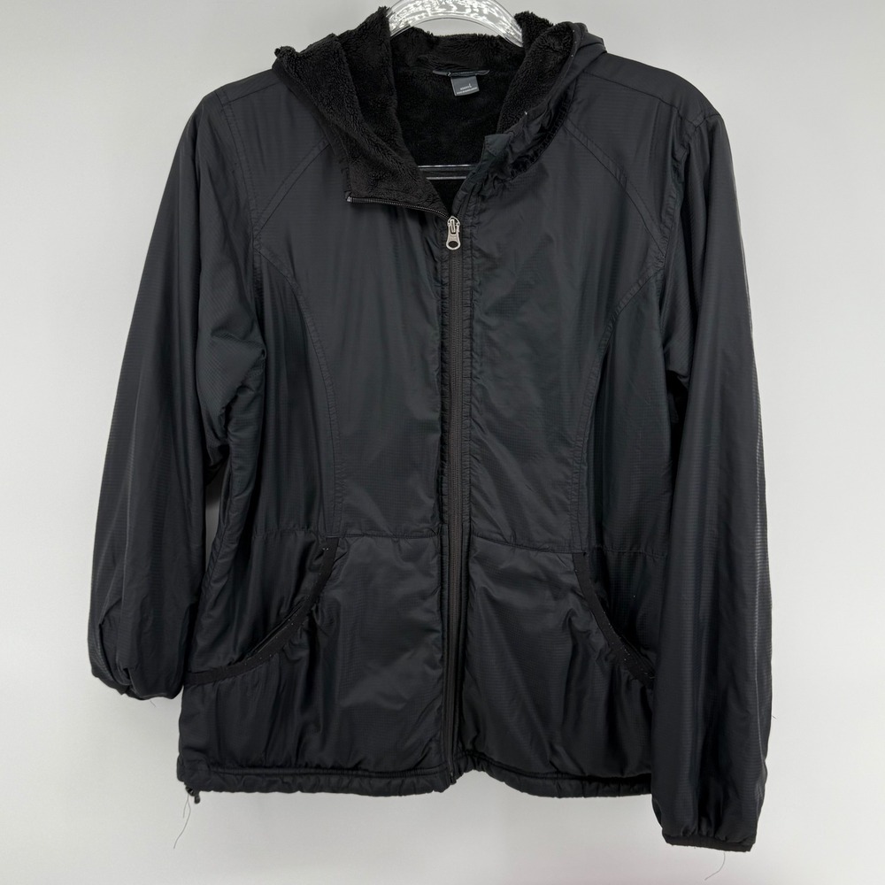 Eddie Bauer Womens Large Black Fleece Lined Hooded Ripstop Nylon Jacket Full Zip
